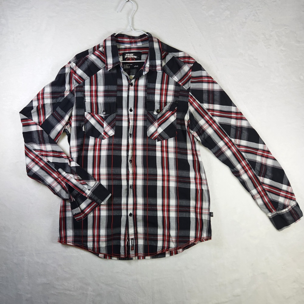 No Fear Mens Plaid Button Up Long Sleeve Shirt, Red White‎ Black Large